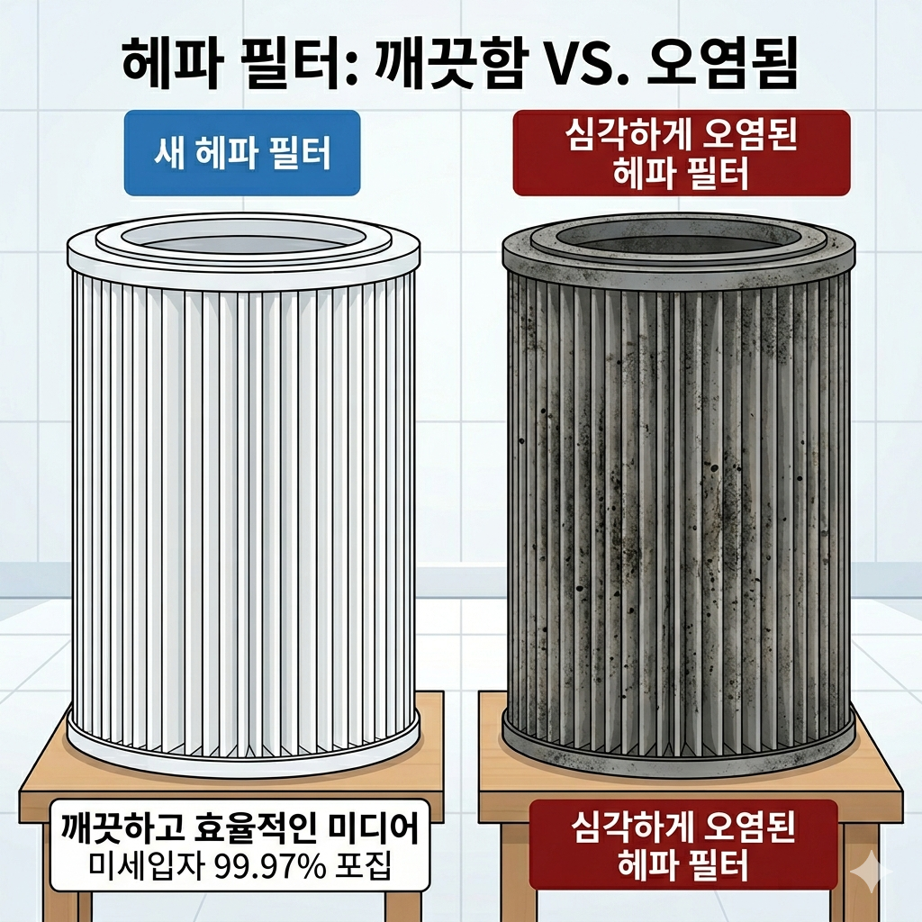 새 필터와 오염된 필터를 비교하는 클로즈업 사진