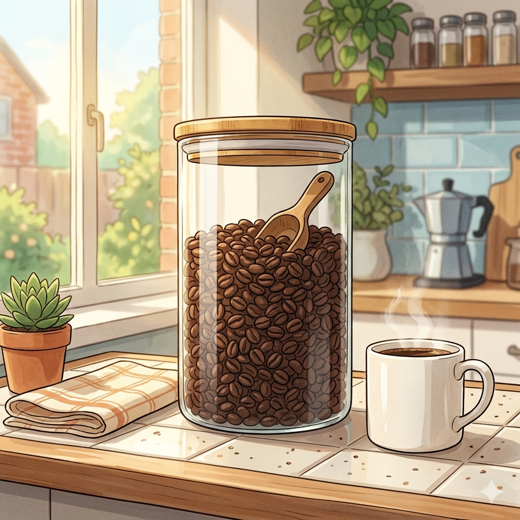 커피 원두가 용기에 담겨있는 모습
