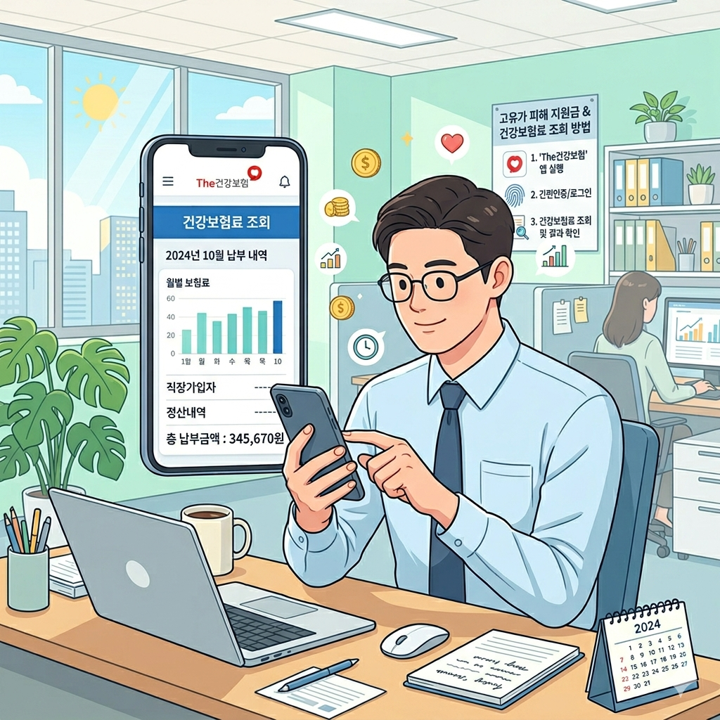 스마트폰으로 건강보험료를 조회하는 직장인