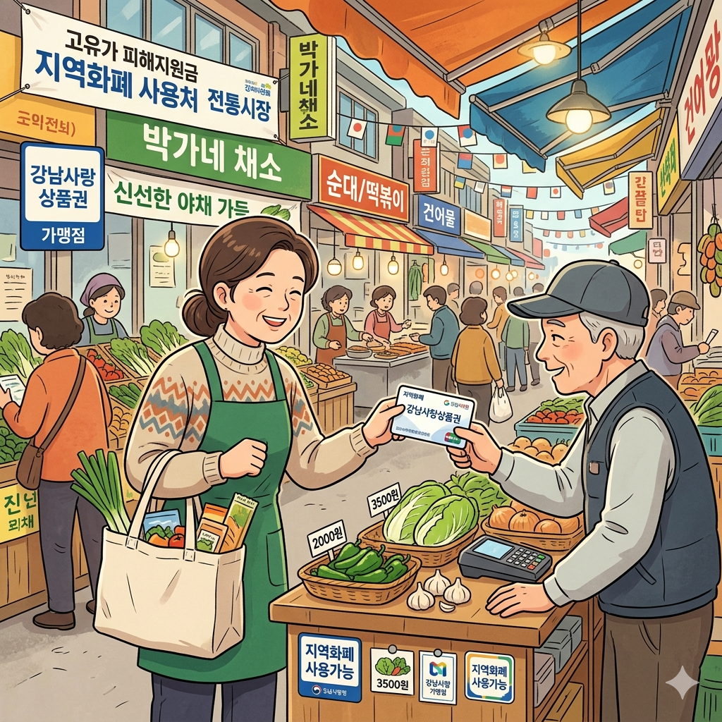 지역화폐 카드를 들고 전통시장에서 쇼핑하는 장면