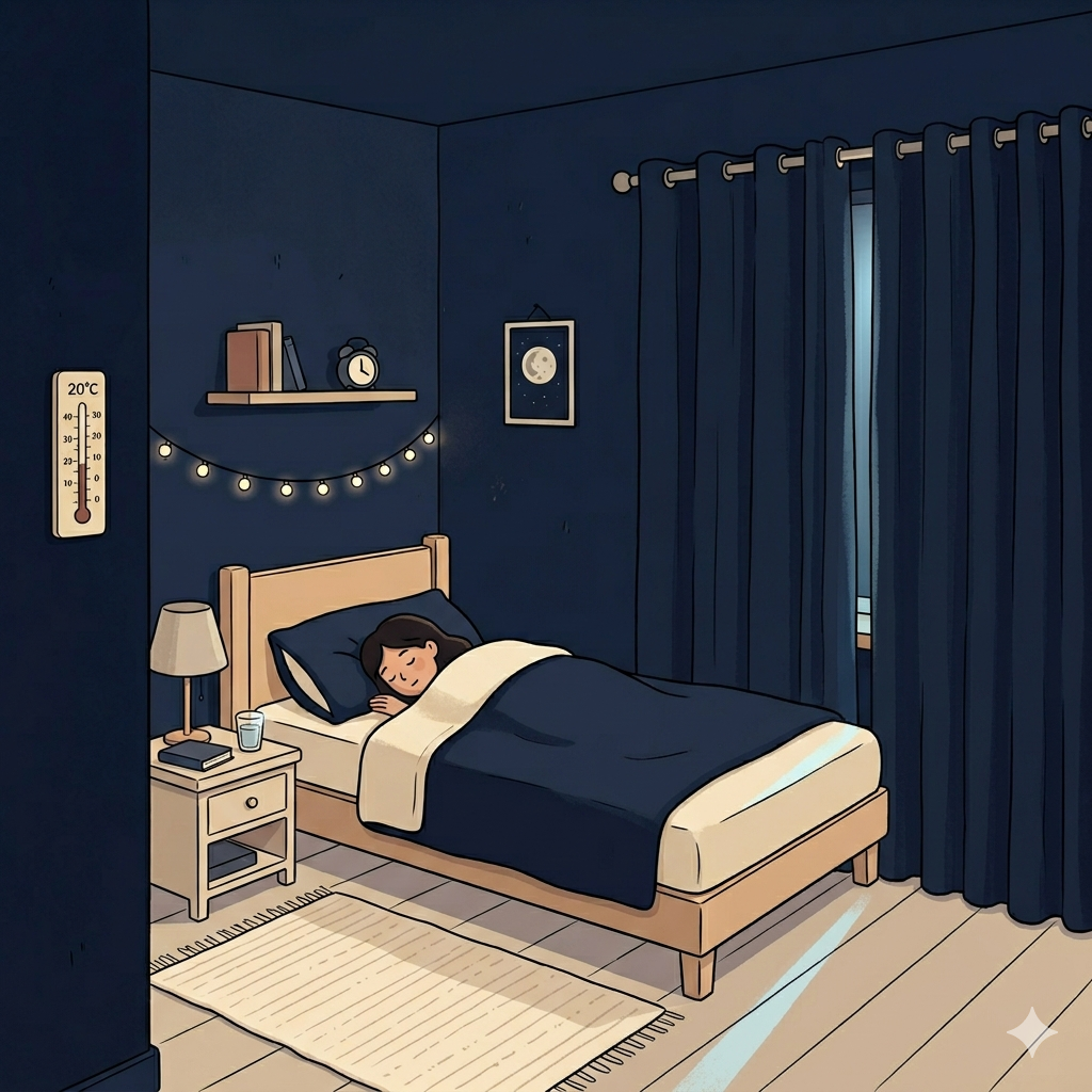 숙면에 최적화된 어두운 침실 환경 세팅 모습