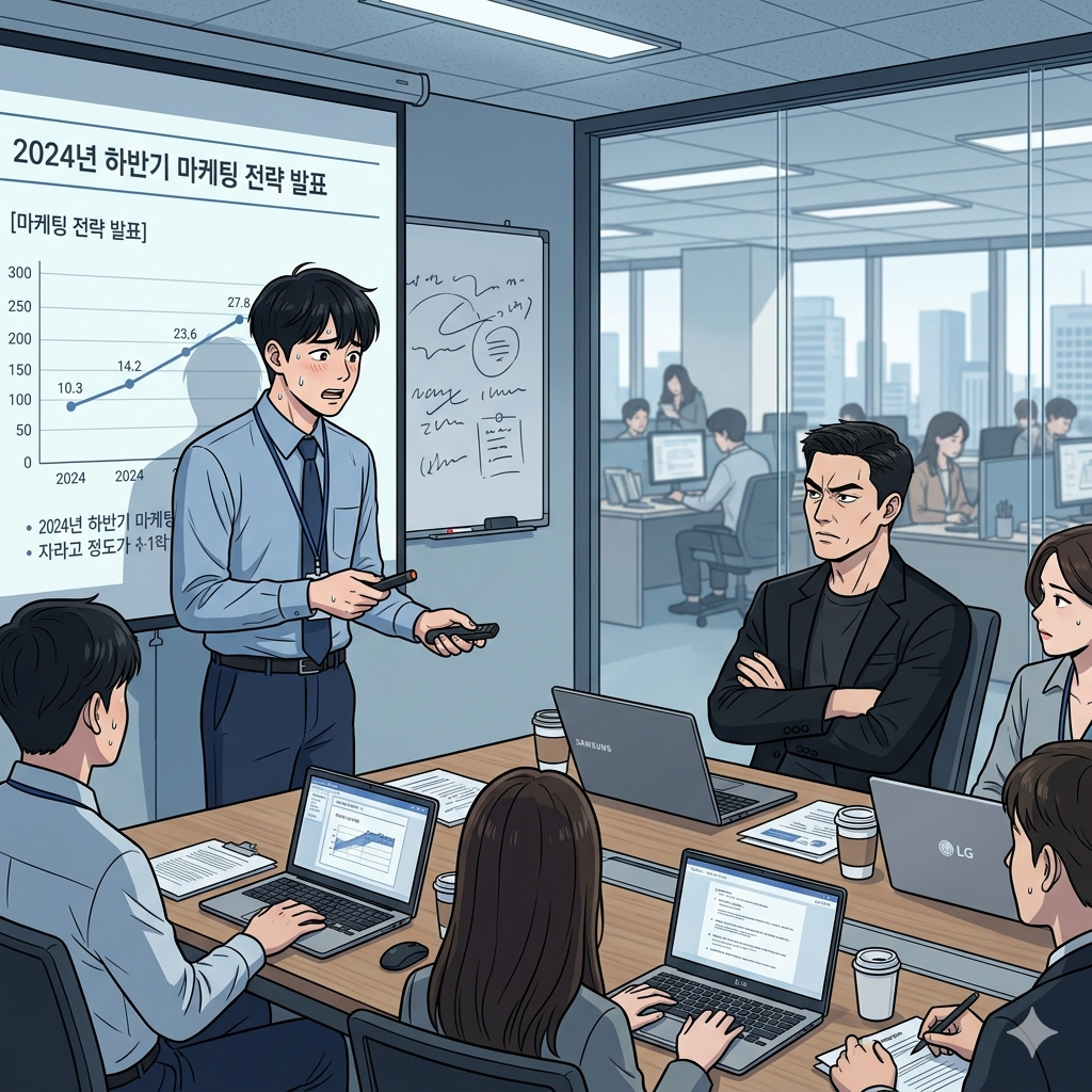 사무실 회의실, 발표하는 직원 앞에서 팔짱을 끼고 불만스러운 표정을 짓는 상사