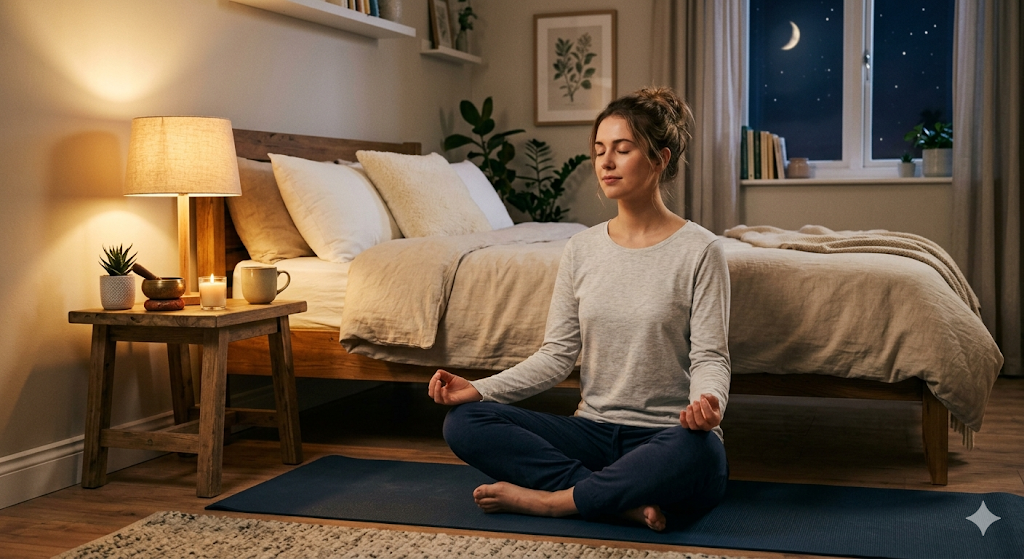 취침 전 가벼운 스트레칭과 명상으로 이완하는 사람