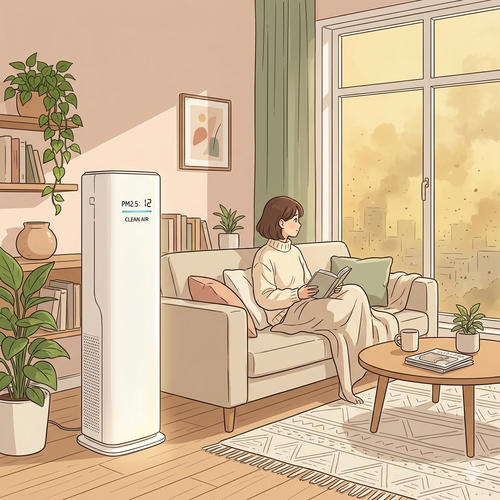 거실에 놓인 세련된 디자인의 2026년형 AI 공기청정기와 창밖의 황사 풍경
