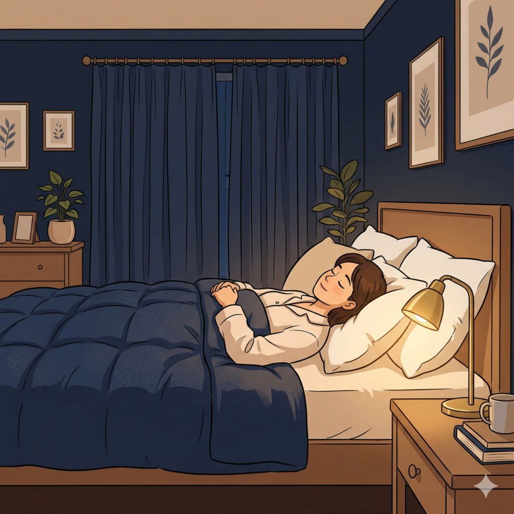 숙면을 위한 저녁 루틴 실천하는 사람의 편안한 침실 풍경