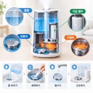 가습기 물통 진동자 가열부 가습 필터 세척 및 위생관리 포인트