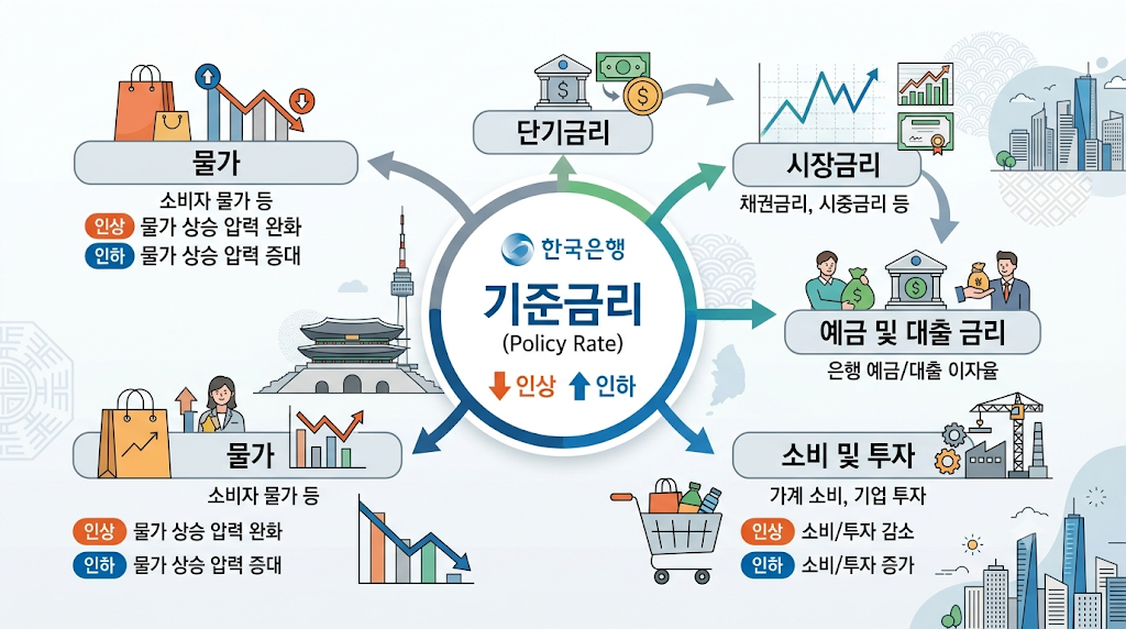 한국은행 기준금리가 시장금리와 대출 예금 금리를 거쳐 경제에 영향을 미치는 과정