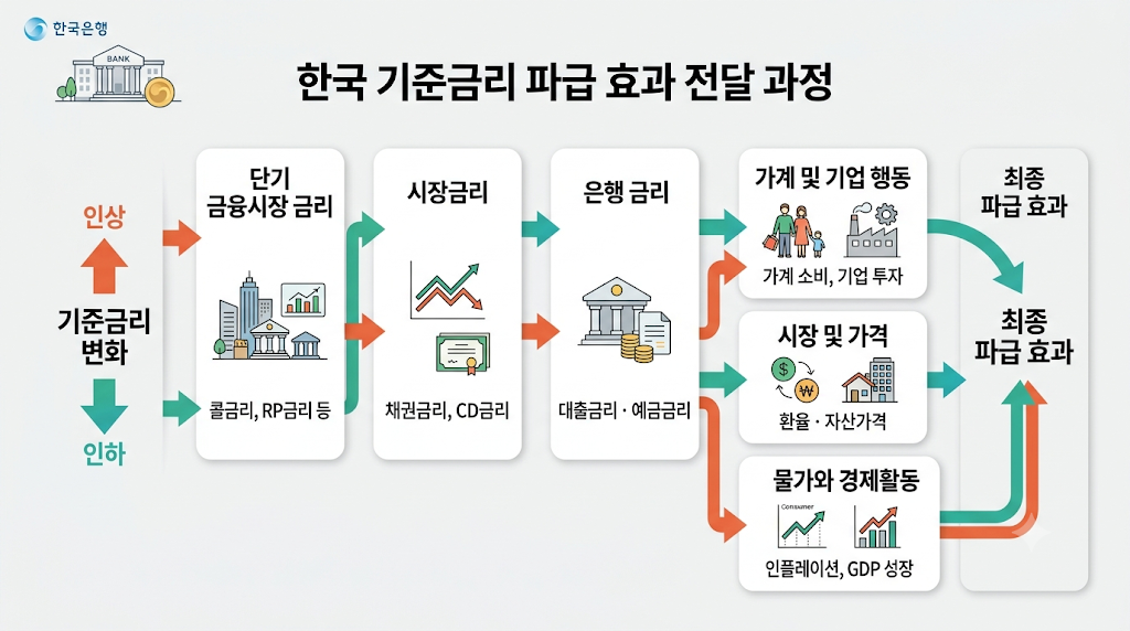 기준금리 변화가 시장금리와 소비·투자·물가에 영향을 미치는 파급경로