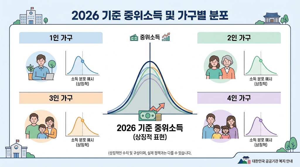 2026년 기준 중위소득과 가구원 수별 소득 기준을 보여주는 인포그래픽