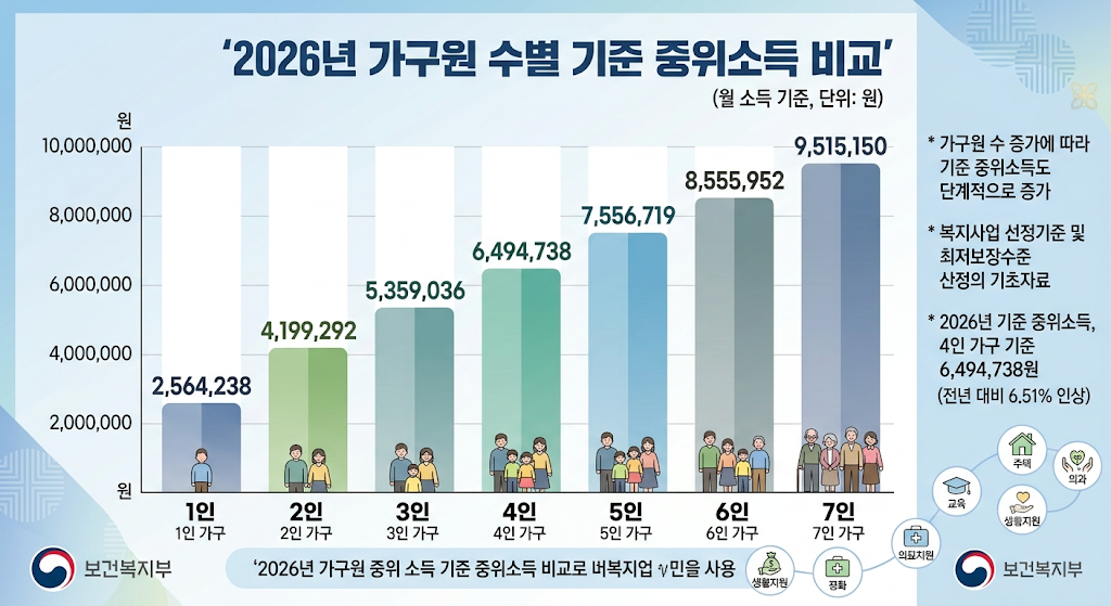 2026년 1인부터 7인 가구까지 기준 중위소득 금액 비교