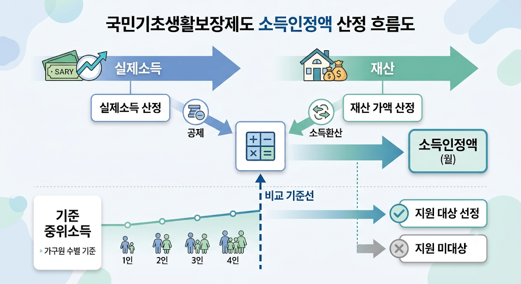 기준 중위소득과 소득인정액의 차이를 보여주는 복지제도 흐름도
