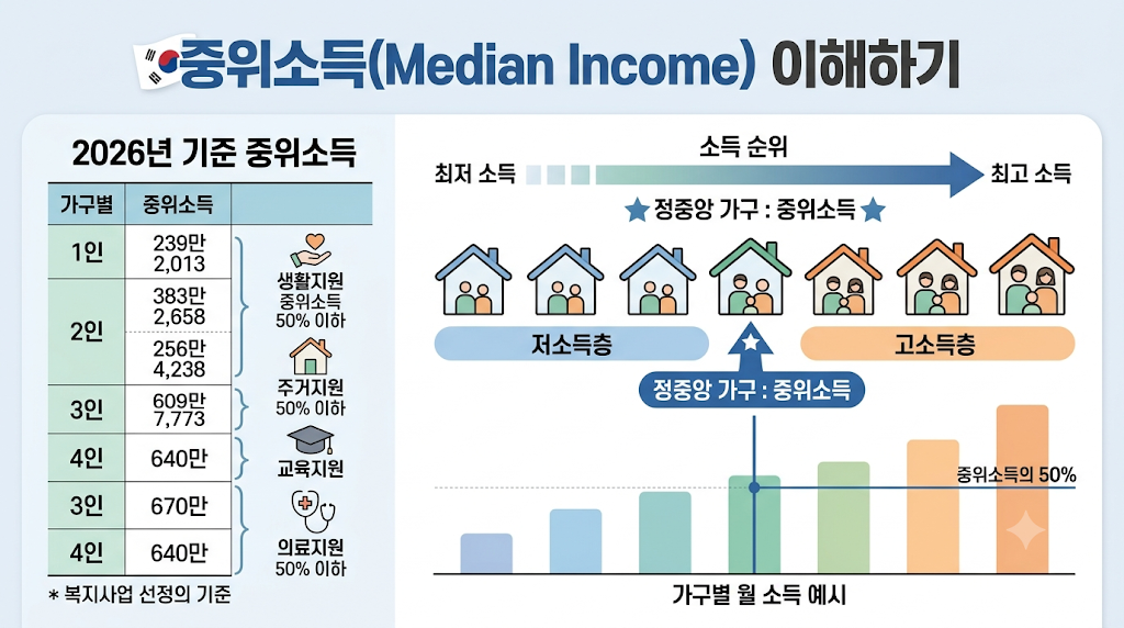 소득순으로 배열한 가구 가운데 기준 중위소득의 위치를 보여주는 인포그래픽